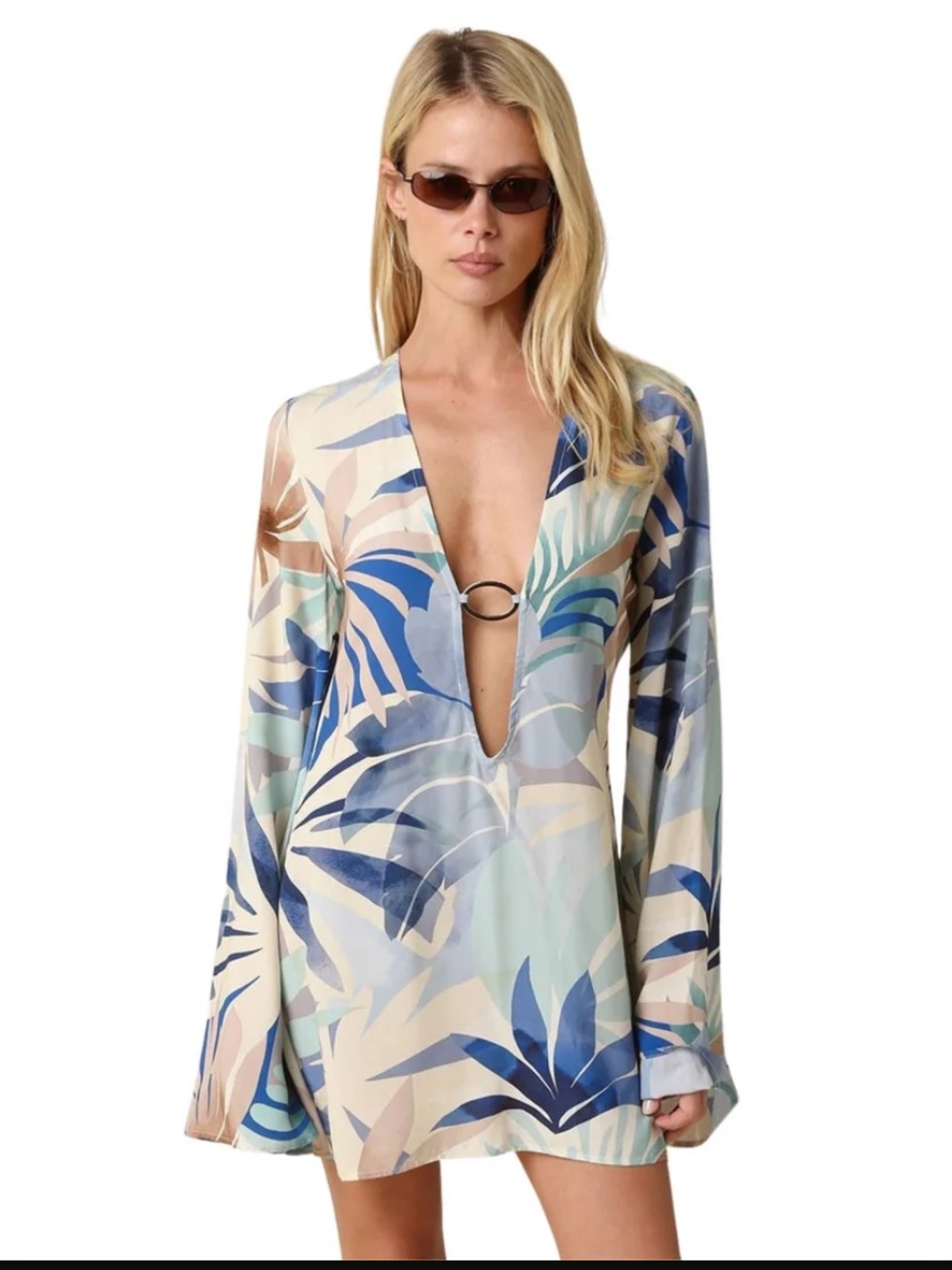 Long-Sleeve Plunge Cover-Up in Blue Palm Print